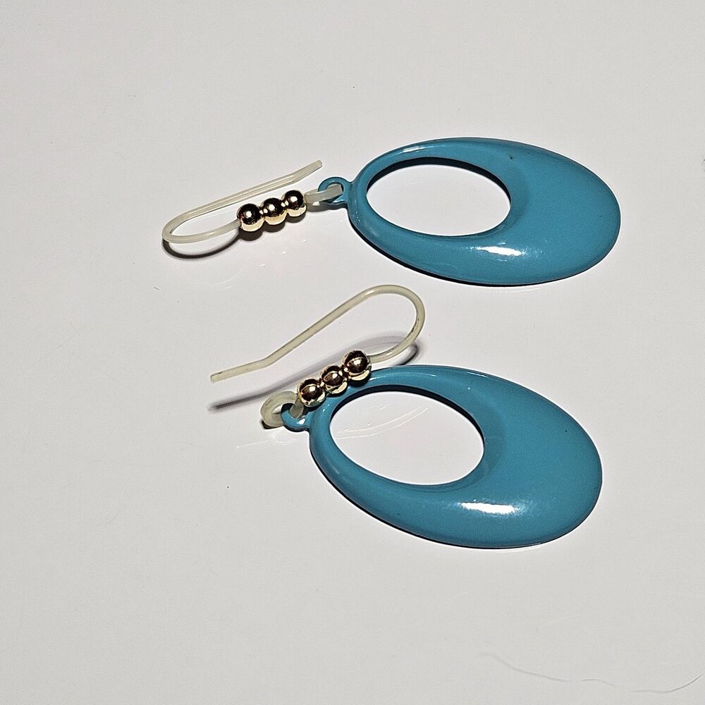 Blue Enamel Metal Dangling Ovals With Gold Bead Accent Earrings - Picture 8 of 11